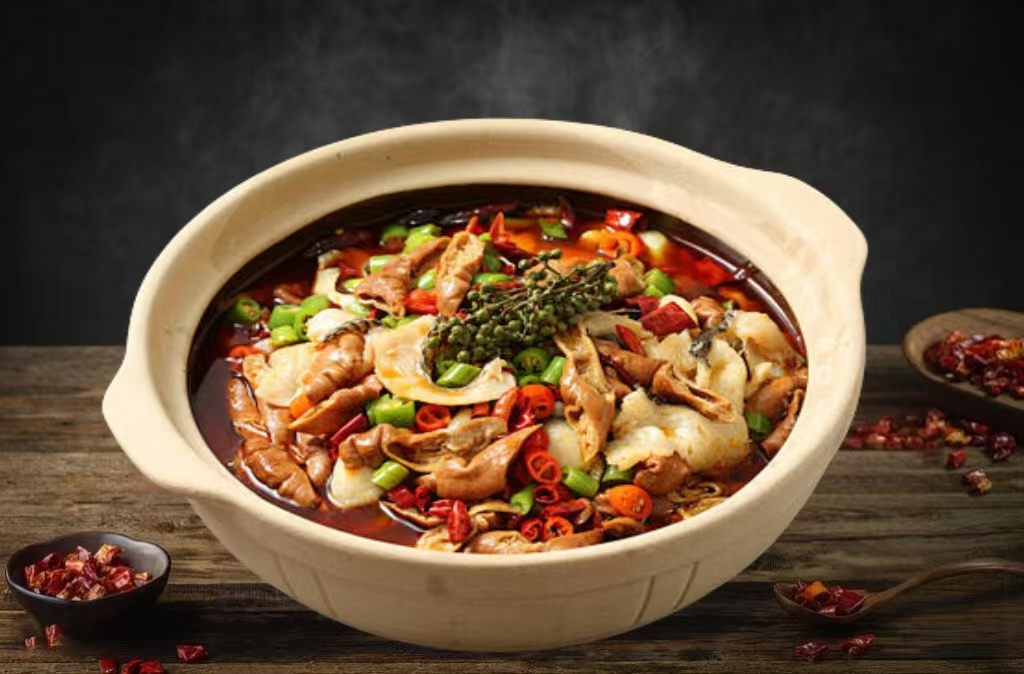 Pig Intestine & Fish - Braised fish & intestines in spicy broth at Live Frog - Sezchuan Grilled Fish & Frog, a Chinese Restaurant in Flushing