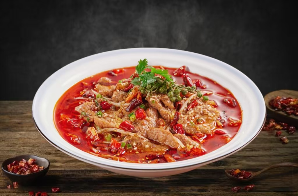 Poached Beef - Tender beef in spicy red broth with chili & cilantro at Live Frog - Sezchuan Grilled Fish & Frog, a Chinese Restaurant in Flushing