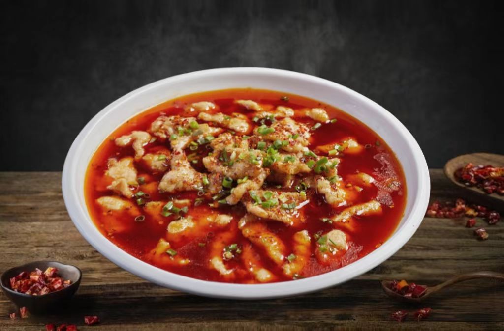 Poached Pork Slices - Tender pork slices in spicy red broth with scallions at Live Frog - Sezchuan Grilled Fish & Frog, a Chinese Restaurant in Flushing