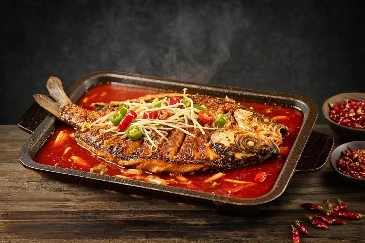 小叫天-Live-Frog-川湘烤鱼烤蛙-Sezchuan-Grilled-Fish&Frog-Chinese-Restaurant-Spicy-Grilled-Fish-Flushing Spicy Grilled Fish - Whole grilled fish in spicy red sauce with veggies at Live Frog - Sezchuan Grilled Fish & Frog, a Chinese Restaurant in Flushing