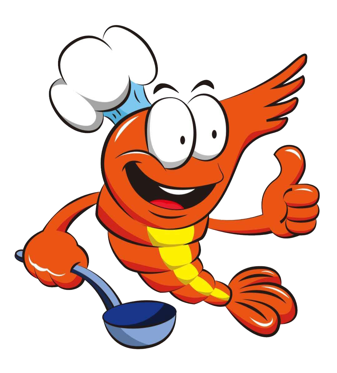 A cartoon orange shrimp chef, wearing a white chef hat, holding a blue ladle, smiling and giving a thumbs-up