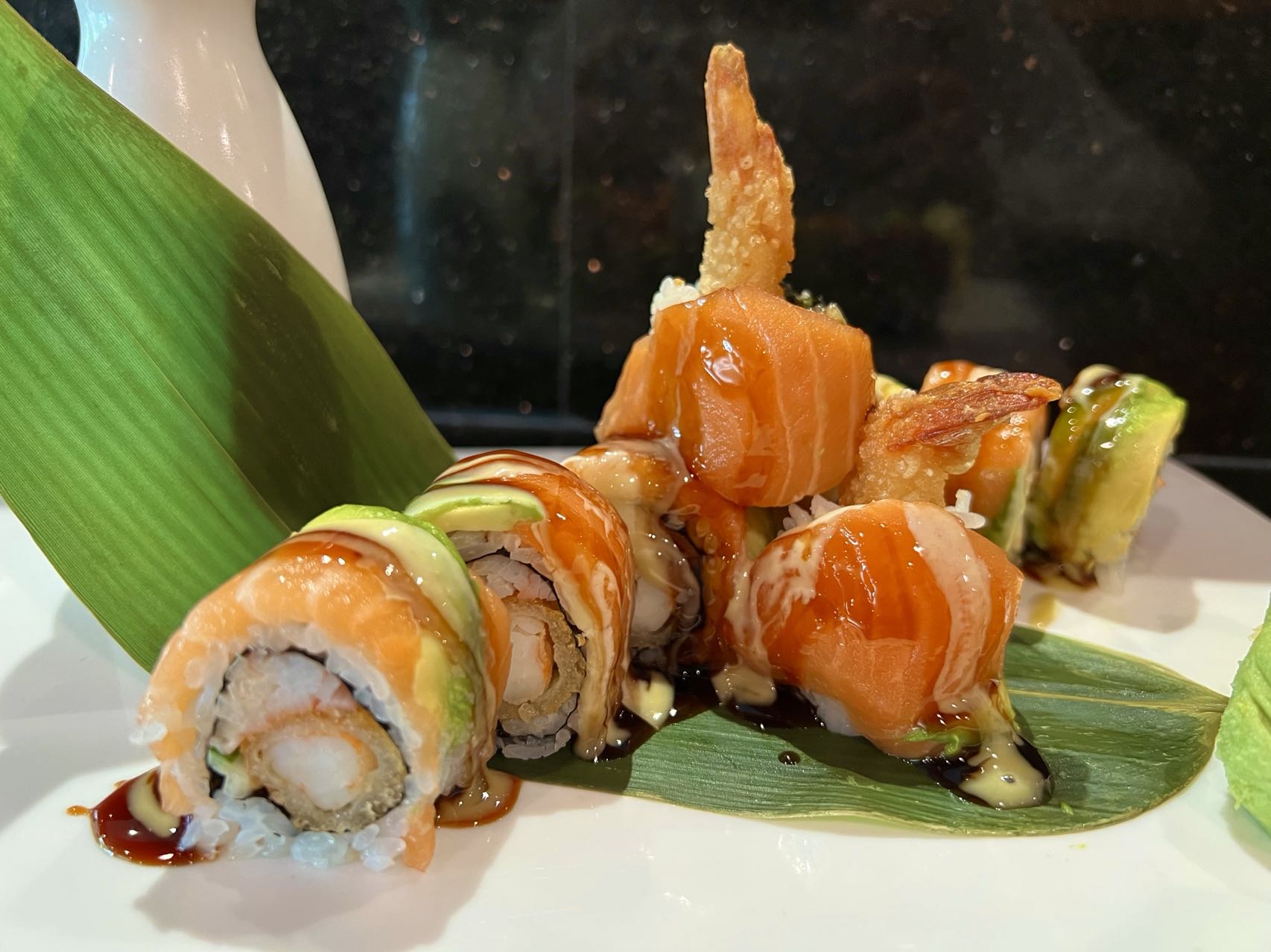 Salmon avocado shrimp tempura sushi roll at Long River Asian Bistro & Sushi Bar，an Asian Fusion Restaurant in West Islip