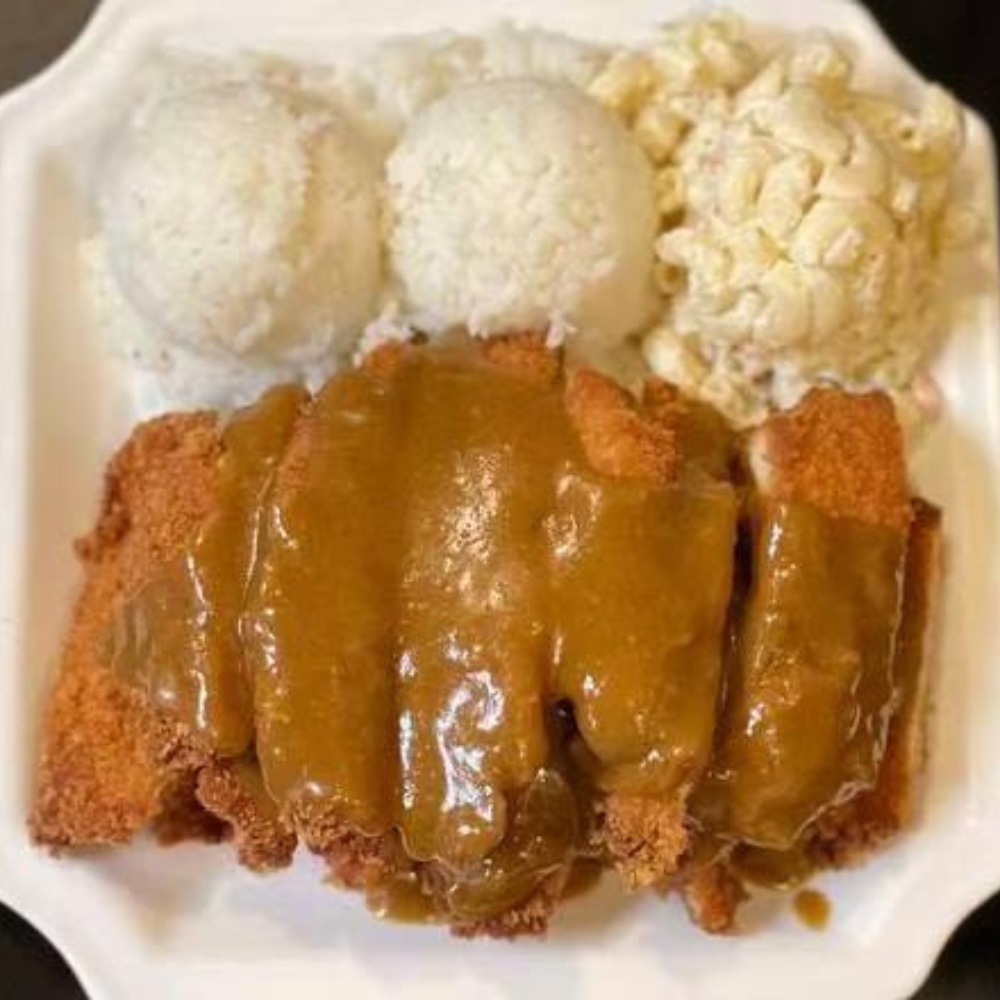 Crispy chicken katsu topped with rich curry sauce, served with rice and macaroni salad at Louis's Hawaiian BBQ, a Hawaiian Restaurant in Azusa