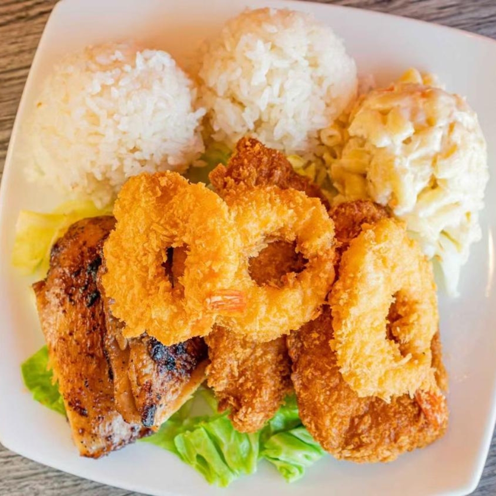 Grilled chicken and crispy fried seafood, accompanied by rice and macaroni salad at Louis's Hawaiian BBQ, a Hawaiian Restaurant in Azusa
