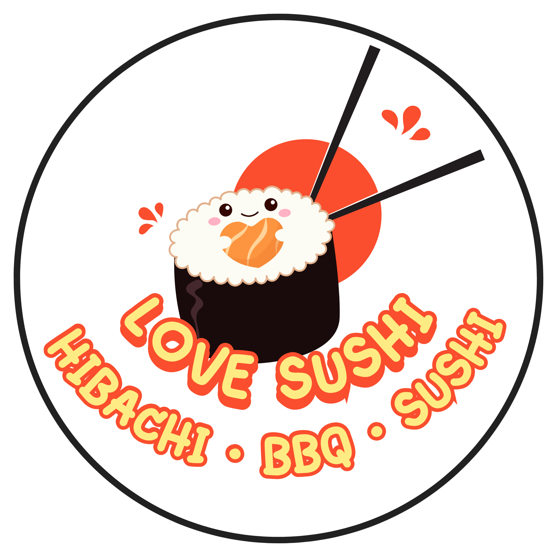 Love Sushi logo with a smiling sushi roll, chopsticks, and the words Hibachi BBQ Sushi at Love Sushi, a Japanese Restaurant in Thornton