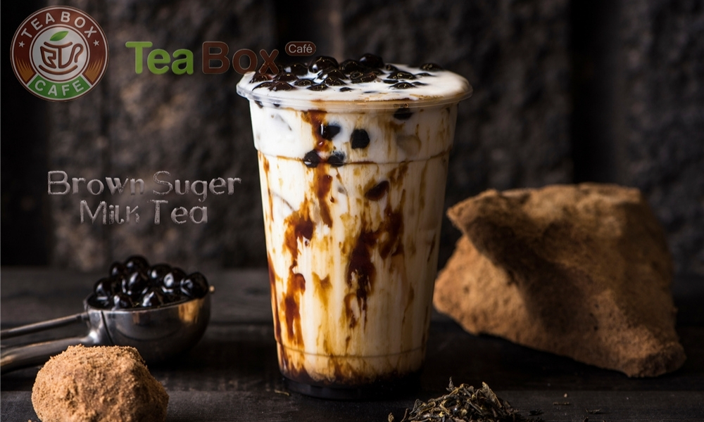 Classic brown sugar boba milk tea with thick sugar drizzle at Tea Box Cafe, a Bubble Tea Store in Lancaster