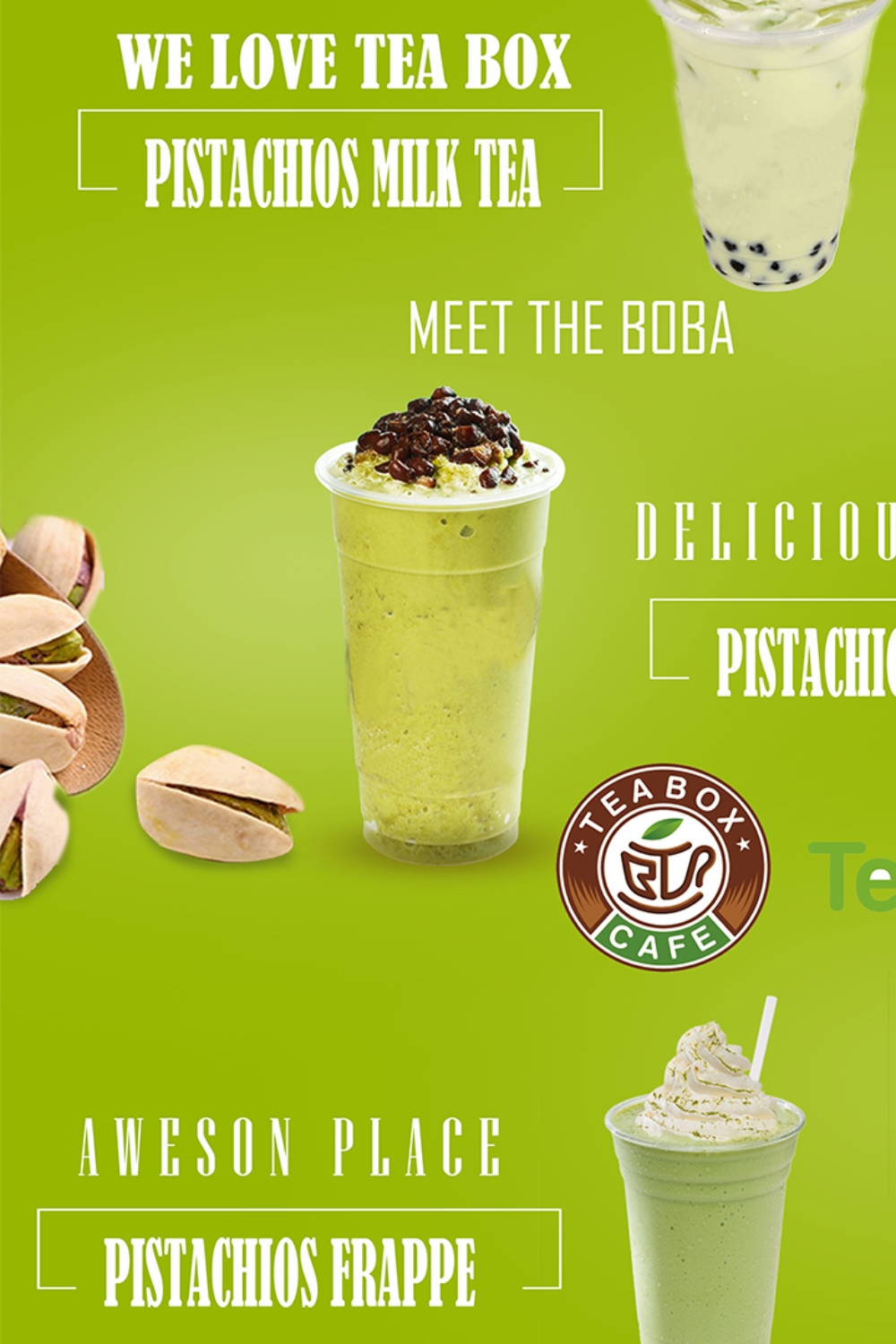 Creamy pistachio milk tea and frappe with pistachio nuts at Tea Box Cafe, a Bubble Tea Store in Lancaster