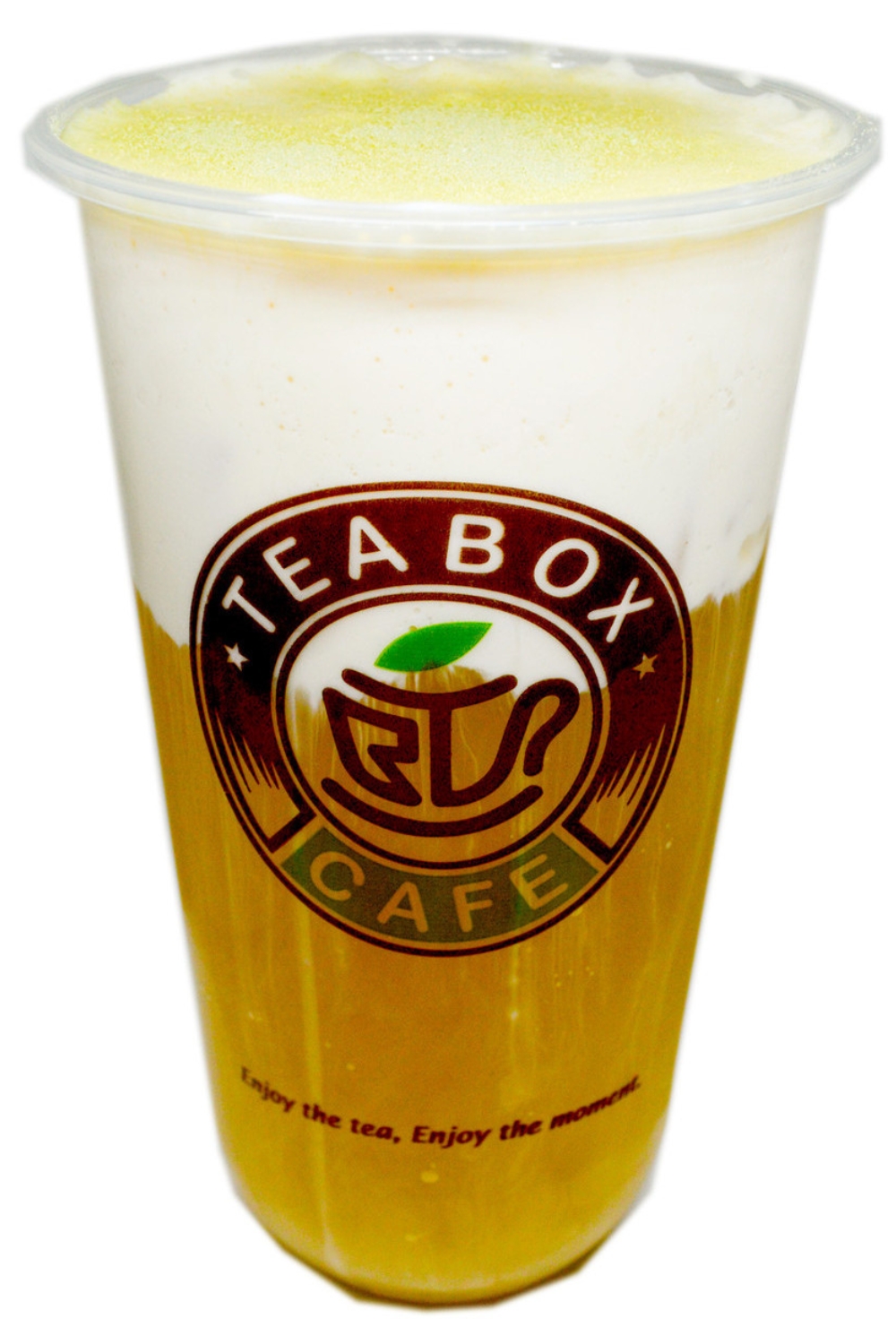 Golden green tea topped with thick milk cheese foam at Tea Box Cafe, a Bubble Tea Store in Lancaster