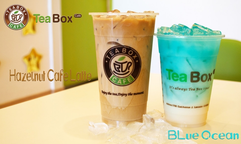 Hazelnut coffee latte and gradient blue ocean fruit tea at Tea Box Cafe, a Bubble Tea Store in Lancaster