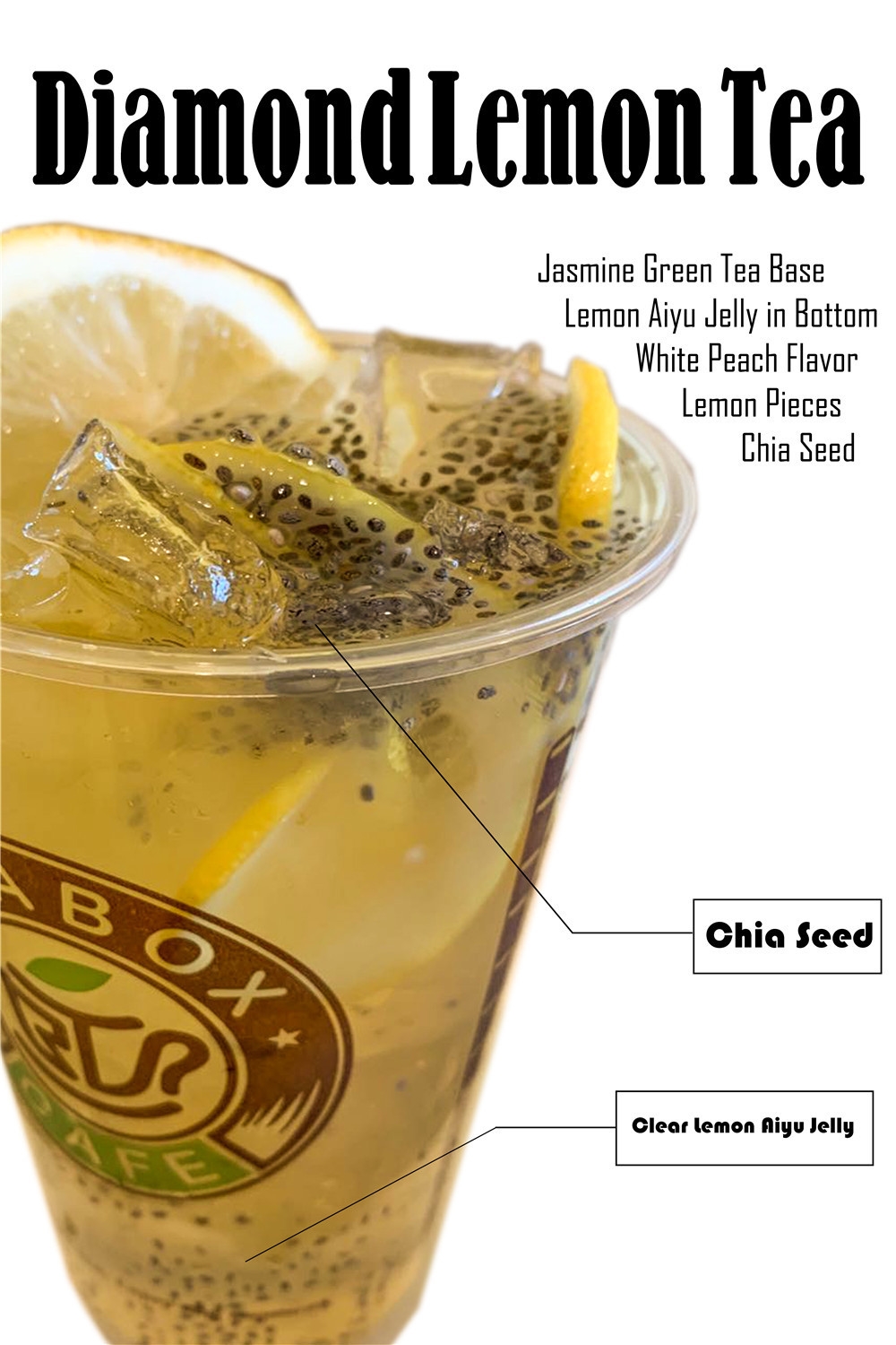 Peach lemon tea with chia seeds and aiyu jelly at Tea Box Cafe, a Bubble Tea Store in Lancaster