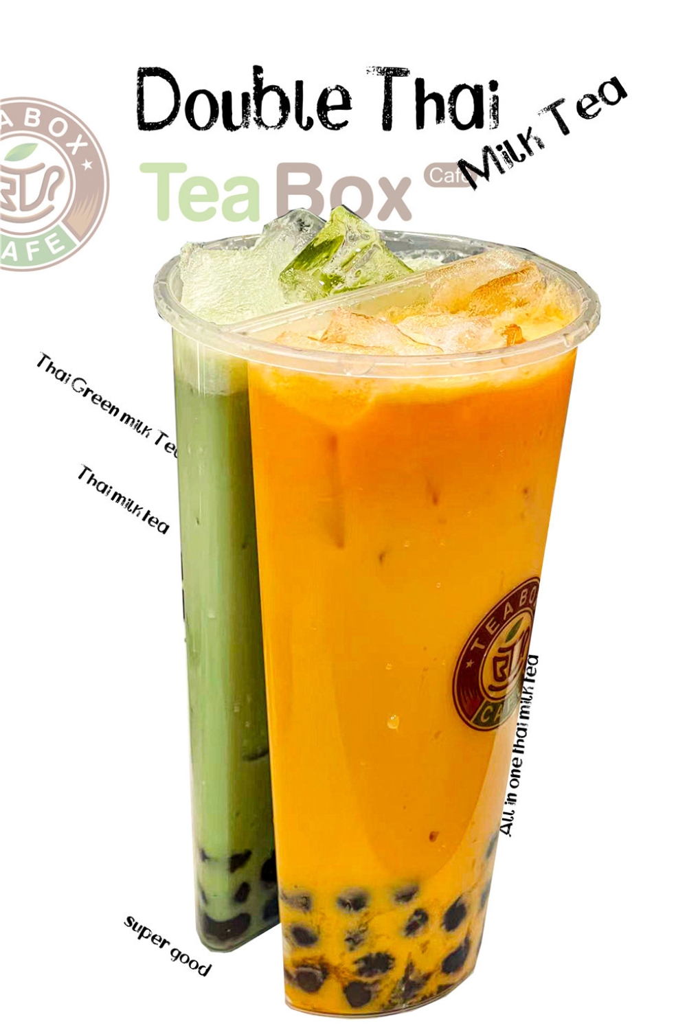 Split cup dual-flavor Thai green and orange milk tea at Tea Box Cafe, a Bubble Tea Store in Lancaster