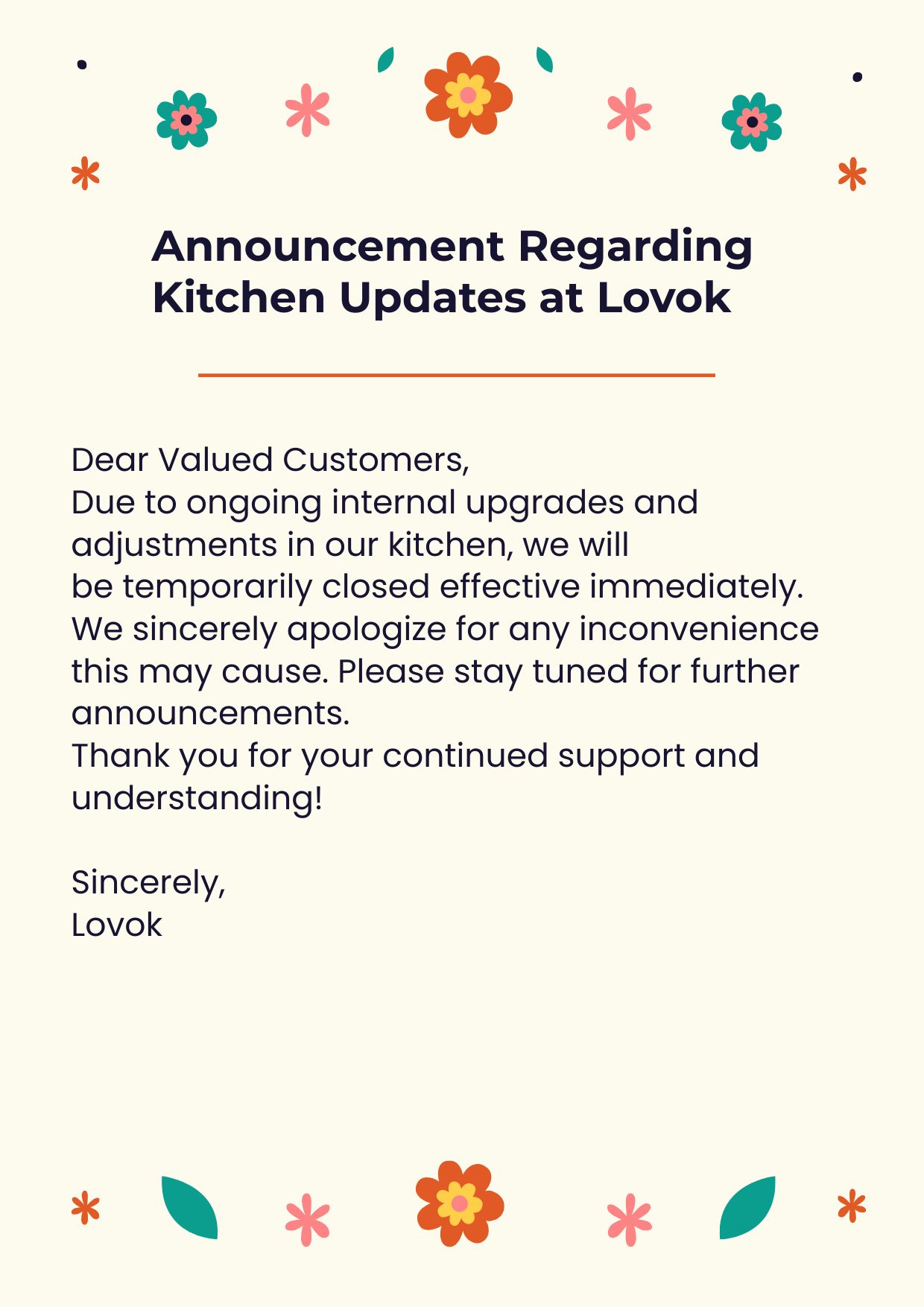 Announcement Regarding Kitchen Updates at Lovok