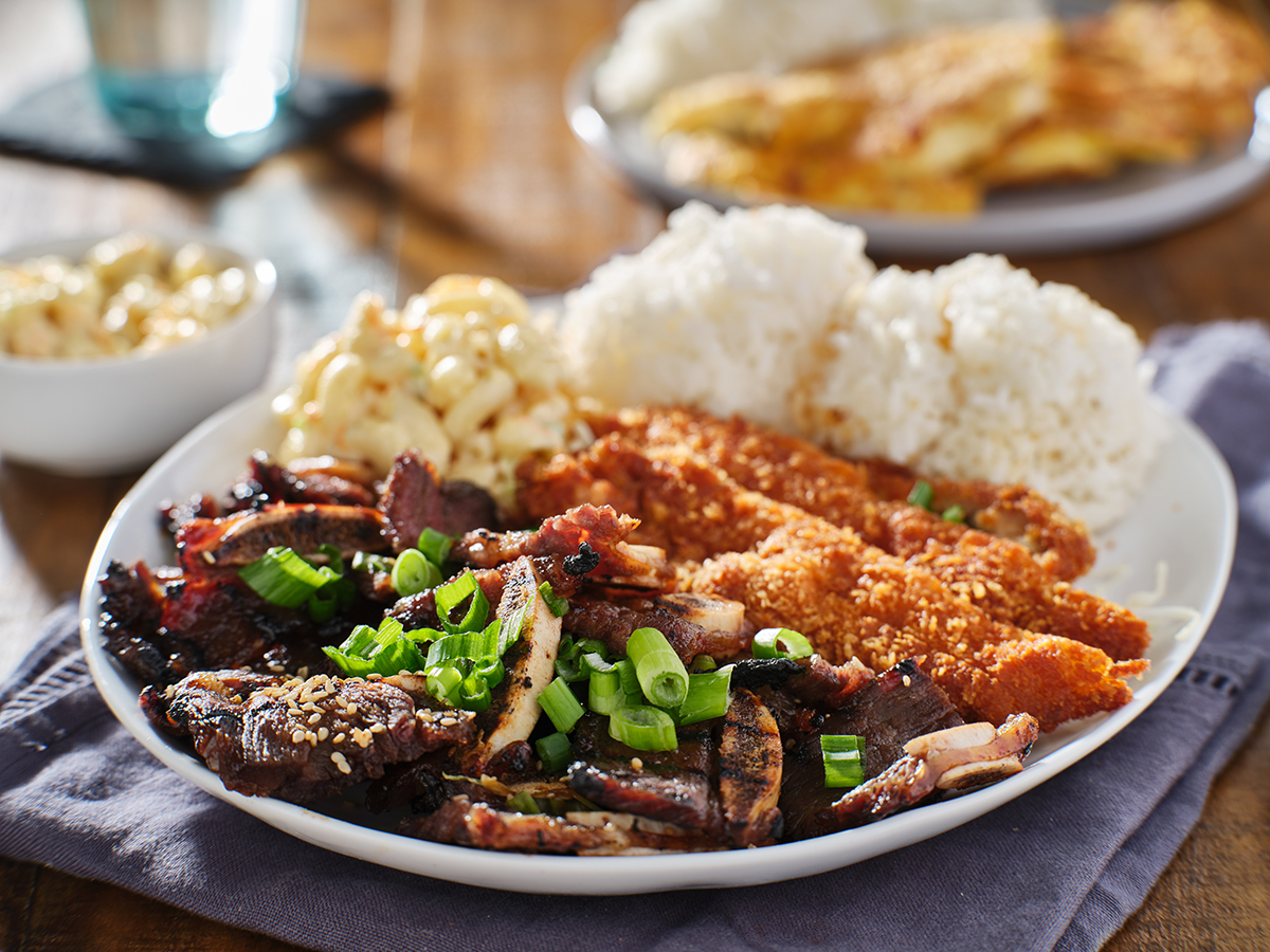 Luau-Hawaiian-BBQ-and-Poke-Hawaiian-Restaurant-beef-and-chicken-rice-Oroville hawaiian bbq plate with mix of chicken katsu, korean kalbi beef at Luau Hawaiian BBQ and Poke,a Hawaiian Restaurant in Oroville