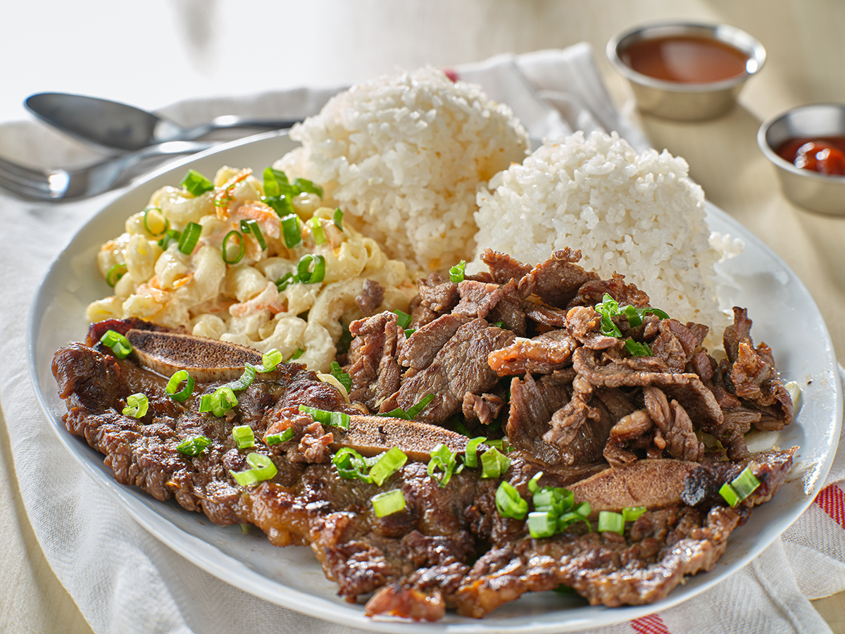 Luau-Hawaiian-BBQ-and-Poke-Hawaiian-Restaurant-beef-rice-Oroville hawaiian bbq plate with korean beef kalbi ribs and white rice at Luau Hawaiian BBQ and Poke,a Hawaiian Restaurant in Oroville