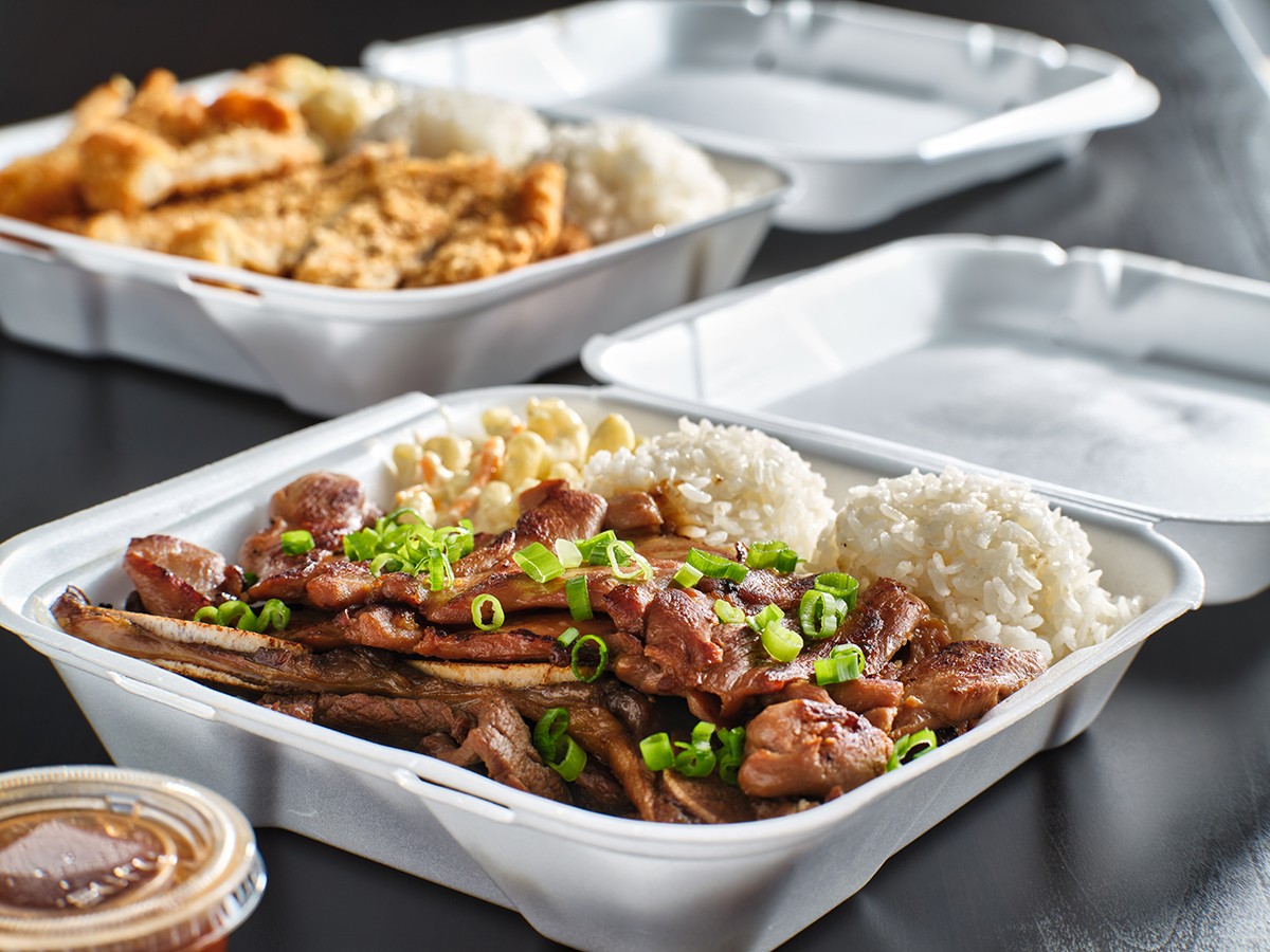 Luau-Hawaiian-BBQ-and-Poke-Hawaiian-Restaurant-barbecue-and-rice-Oroville hawaiian bbq in take out container with mix of barbecue meats at Luau Hawaiian BBQ and Poke,a Hawaiian Restaurant in Oroville