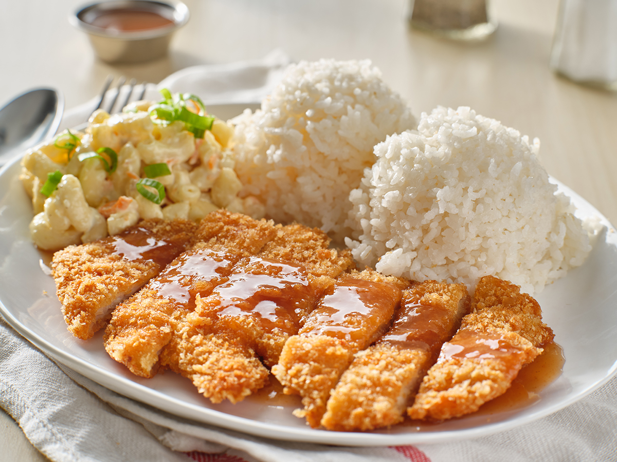 Luau-Hawaiian-BBQ-and-Poke-Hawaiian-Restaurant-chicken-katsu-and-rice-rice-Oroville chicken katsu hawaiian bbq plate with gravy and rice at Luau Hawaiian BBQ and-Poke,a Hawaiian Restaurant in Oroville