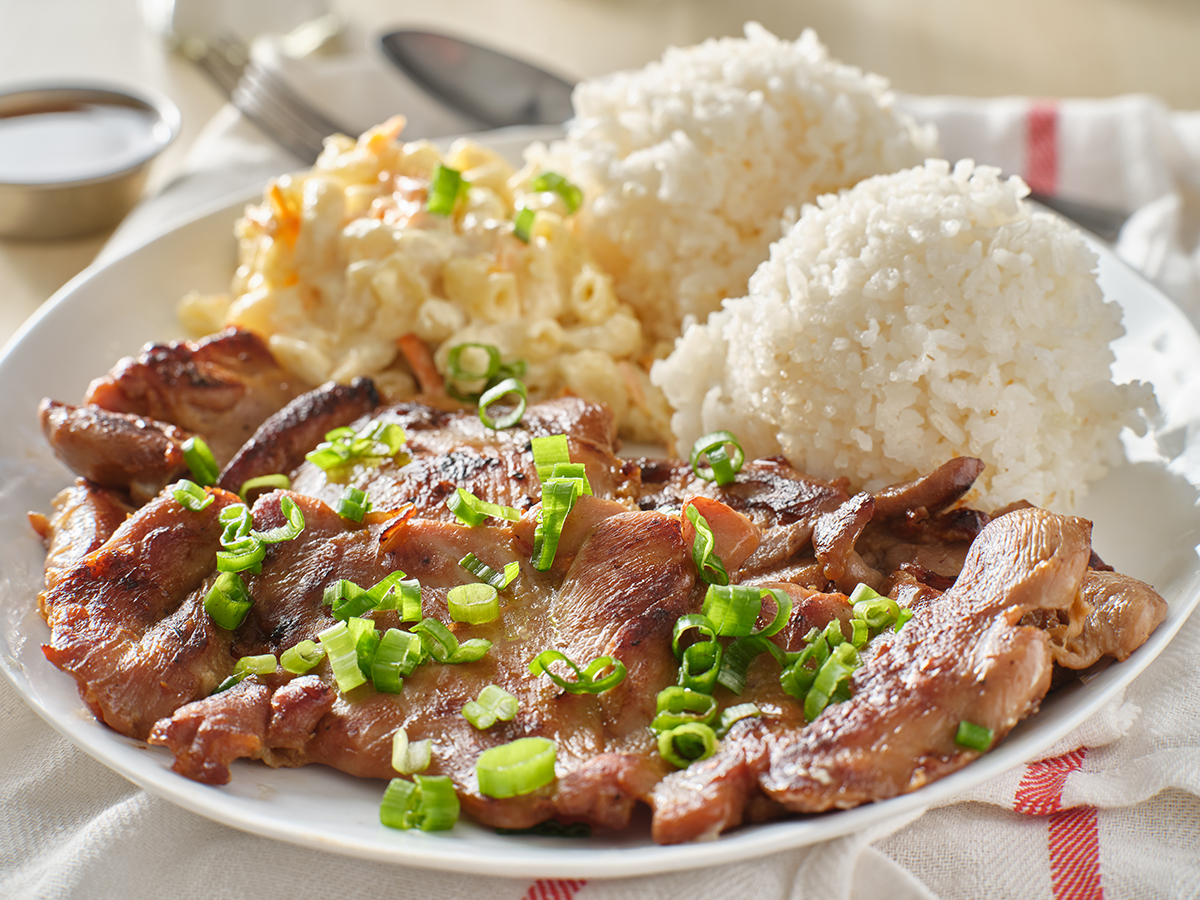 Luau-Hawaiian-BBQ-and-Poke-Hawaiian-Restaurant-barbecue-chicken-and-rice-rice-Oroville hawaiian bbq plate with barbecue chicken and rice at Luau Hawaiian BBQ and Poke,a Hawaiian Restaurant in Oroville