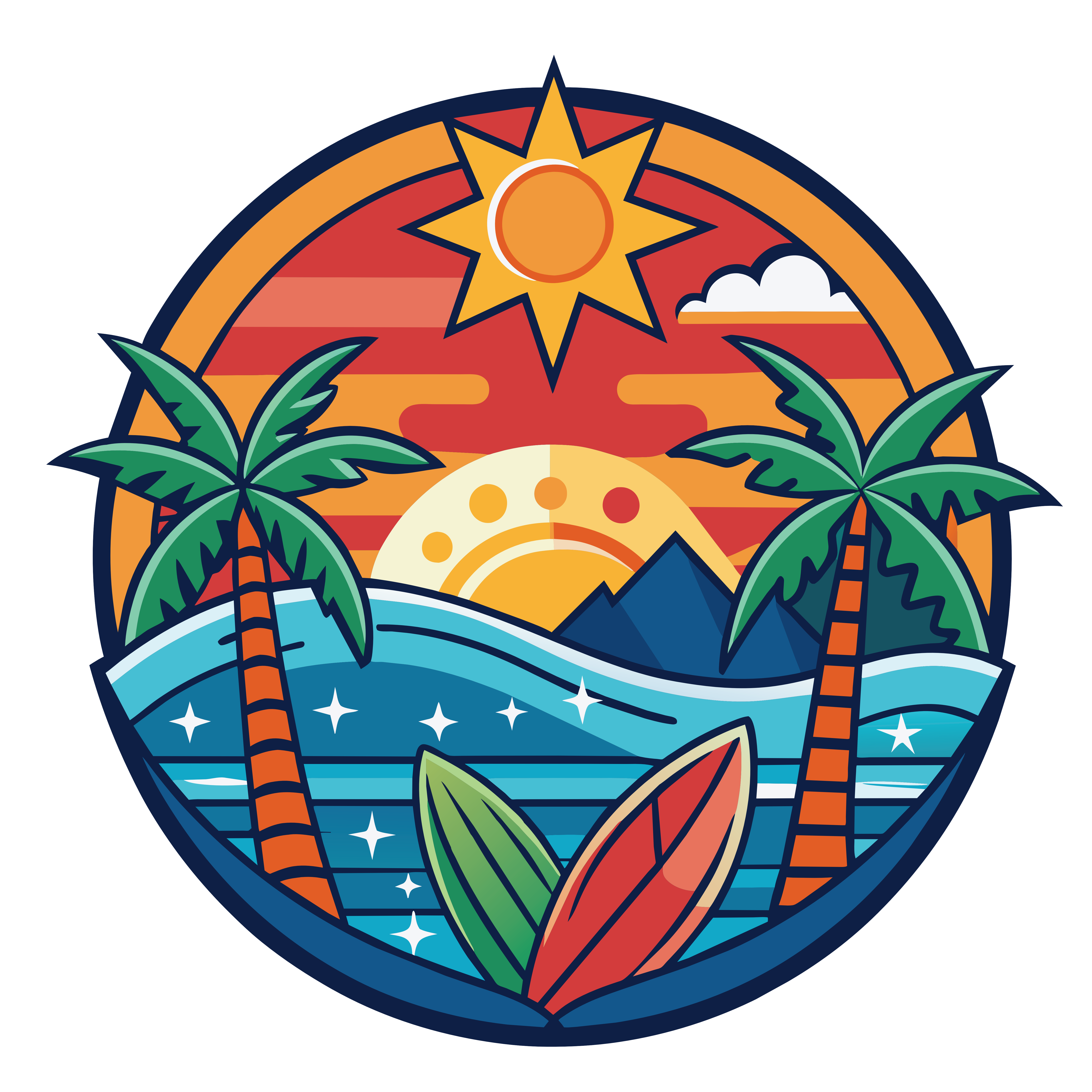 Colorful circular logo featuring a sun, palm trees, waves, and surfboards at Luau Hawaiian BBQ and Poke，a Hawaiian Restaurant in Oroville