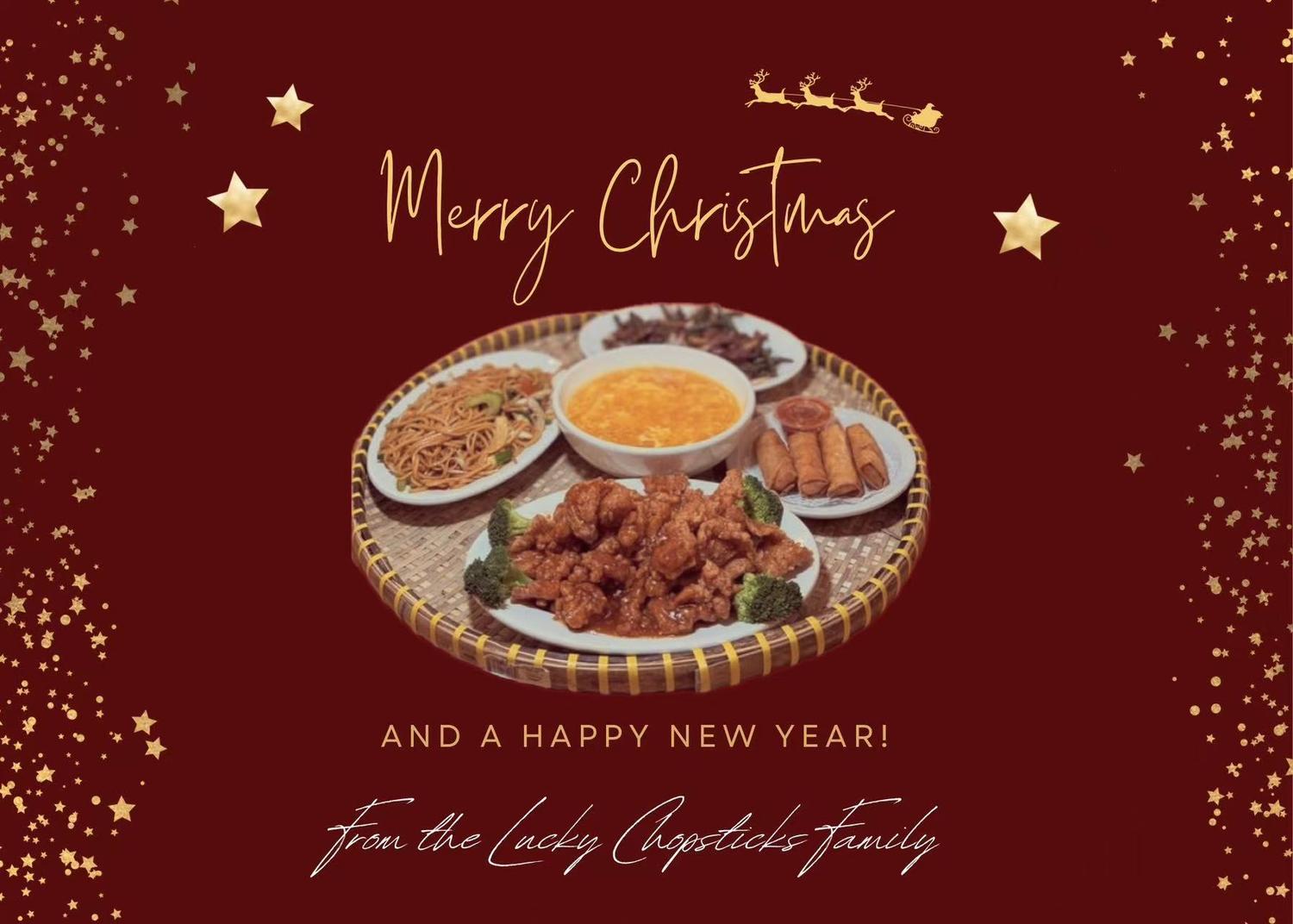 Chinese kale with beef, spring rolls, and stir-fried noodles, with a Christmas theme in the background.