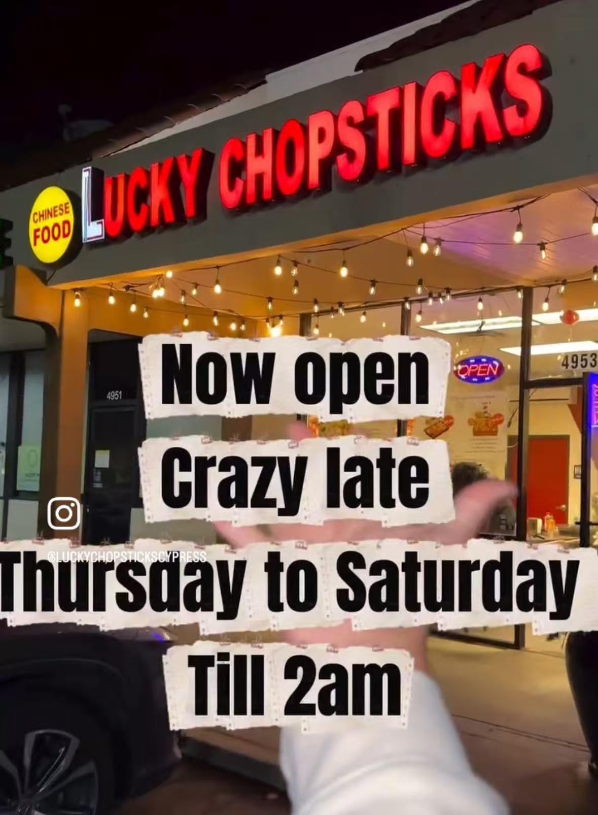 "Exterior of 'Lucky Chopsticks' Chinese food restaurant at night: bright red neon sign, string lights, and text overlays announcing 'Now open Crazy late Thursday to Saturday Till 2am'."