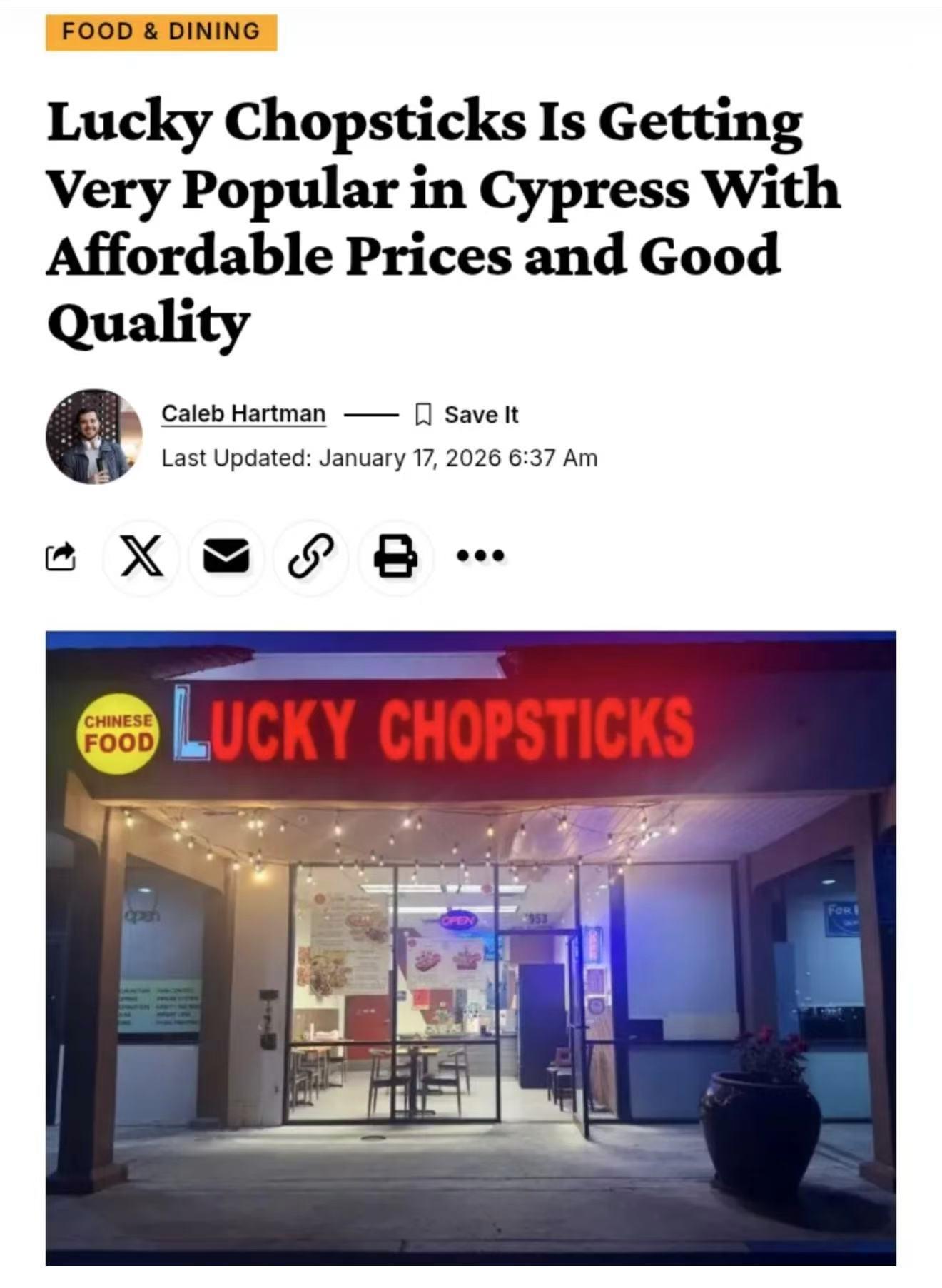 "Exterior of 'Lucky Chopsticks' Chinese food restaurant at night: bright red neon sign, string lights, and text overlays announcing 'Now open Crazy late Thursday to Saturday Till 2am'."
