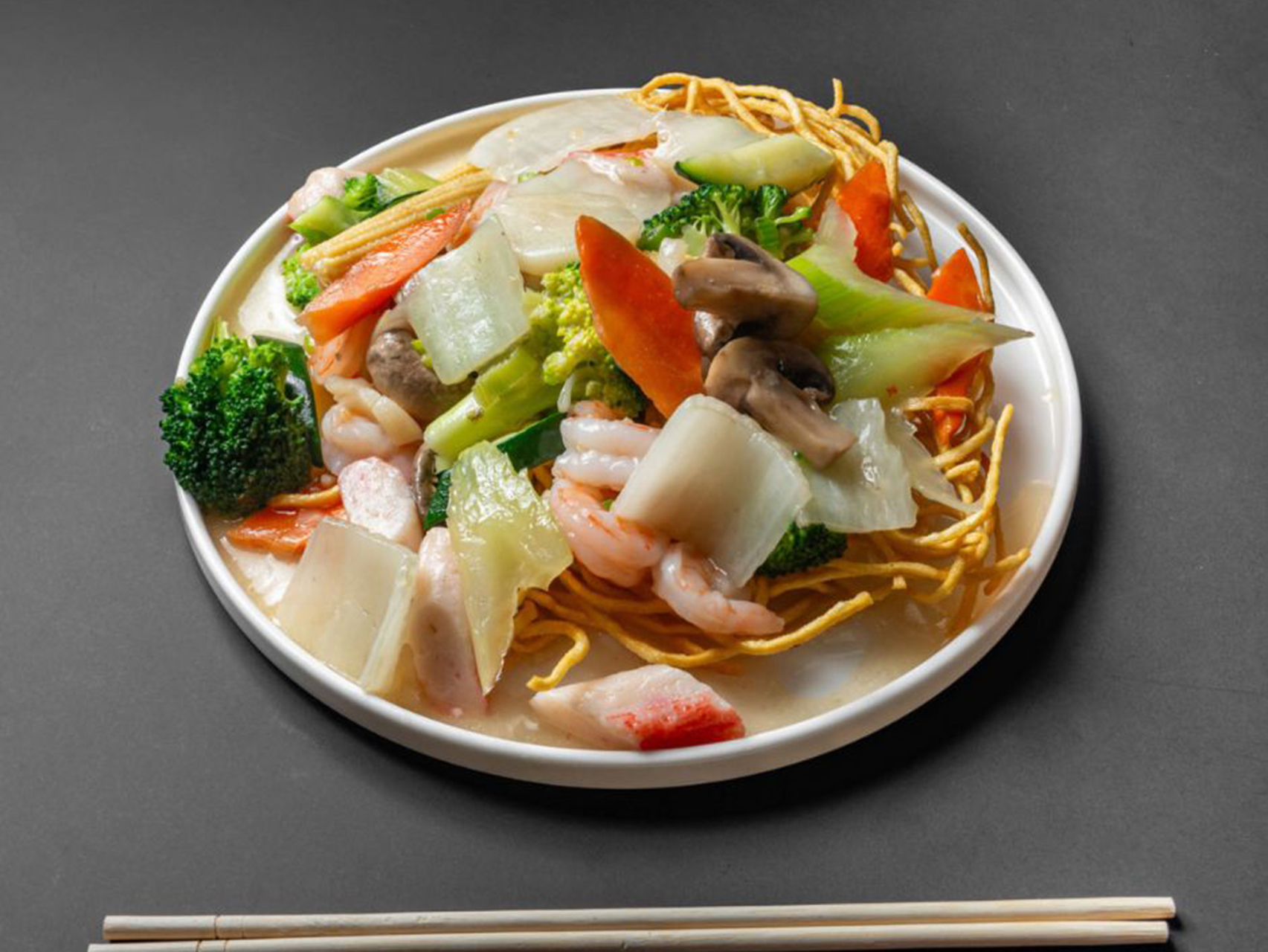 Vegetable and seafood stir fry from Lucky Dragon Restaurant, a Chinese restaurant in New York