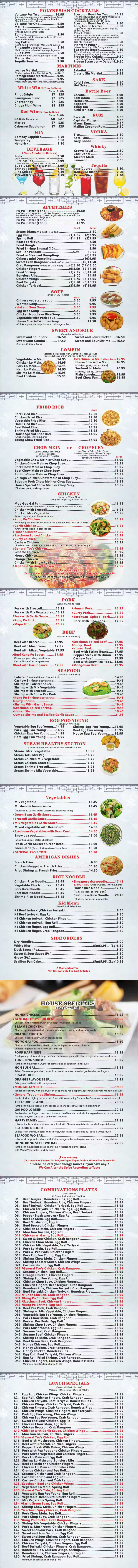 Lucky Fortune Me restaurant menu showcasing Polynesian cocktails, Martinis, Sake, beer, wine, spirits (rum, vodka, gin, whiskey, tequila), non-alcoholic beverages, appetizers, soups, sweet and sour dishes, lo mein, fried rice, chow mein, chop suey, chicken, pork, beef, seafood, egg foo young, healthy steamed options, vegetables, American dishes, rice noodles, kid’s menu, side orders, house specials, combination plates, and lunch specials (11:00am-3:00pm) with prices.