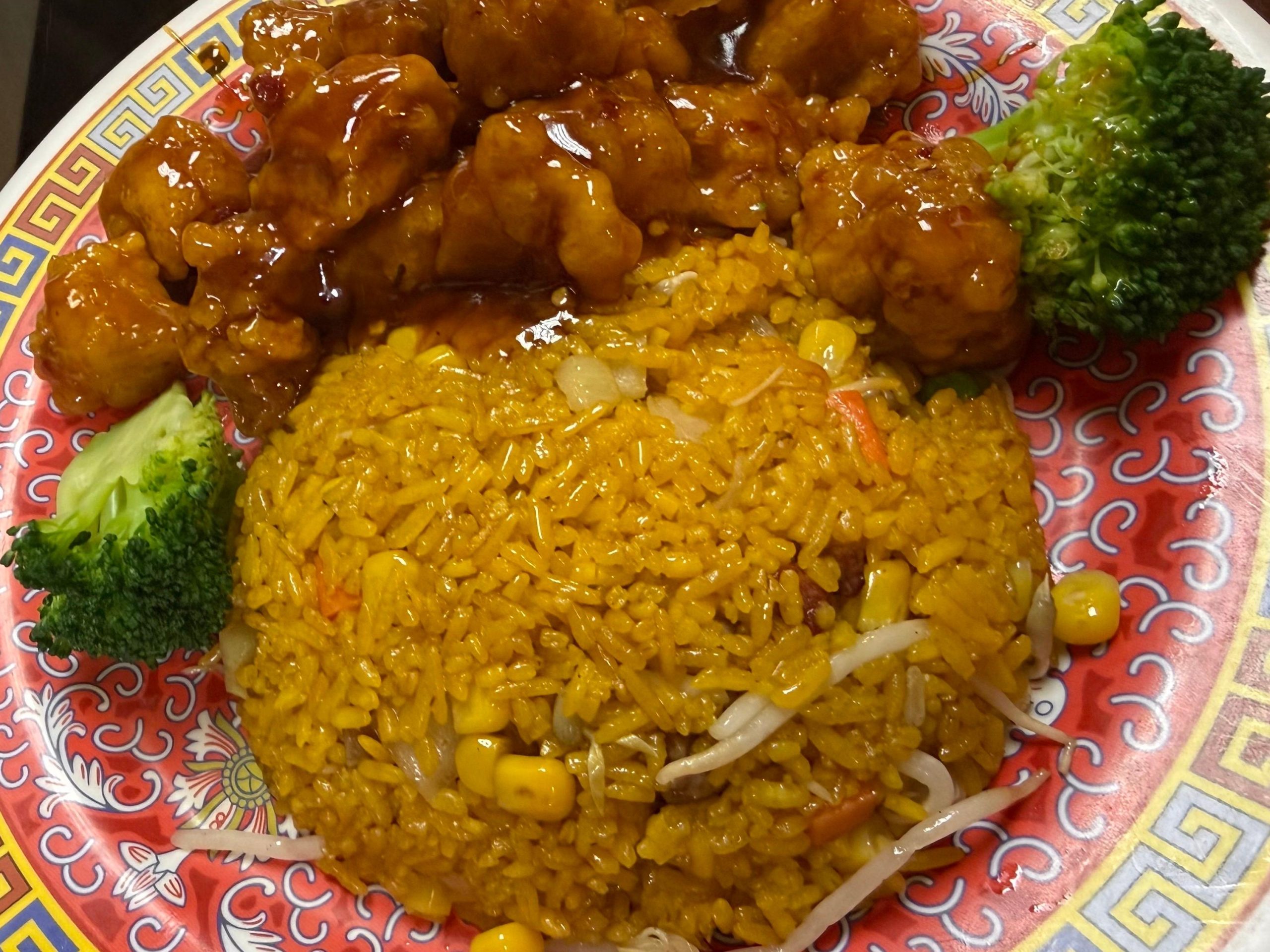 General Tso's chicken with pork fried rice at Lucky Garden, a Chinese Restaurant in Pekin