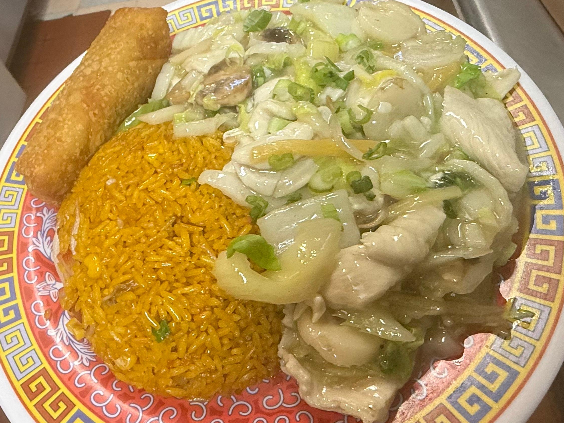 Moo goo gai pan with pork fried rice and egg roll at Lucky Garden, a Chinese Restaurant in Pekin