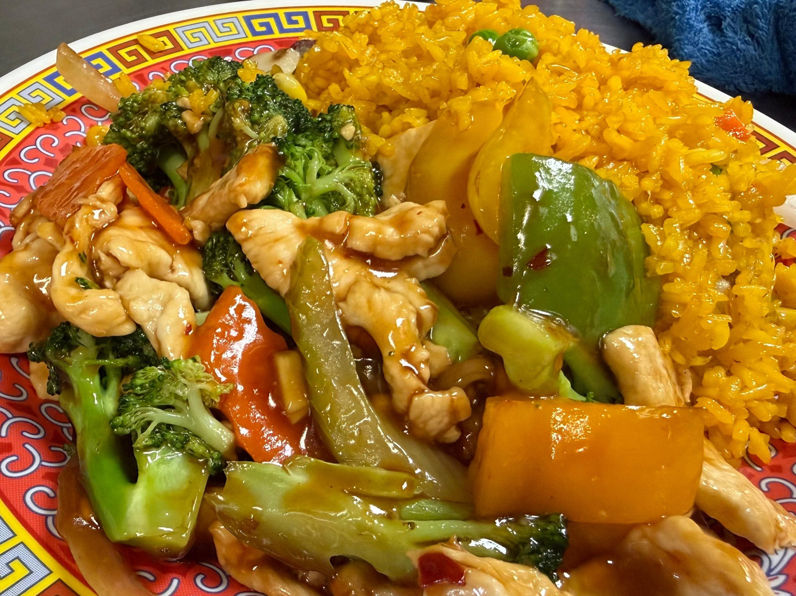 Chicken and vegetable stir fry with pork fried rice at Lucky Garden, a Chinese Restaurant in Pekin