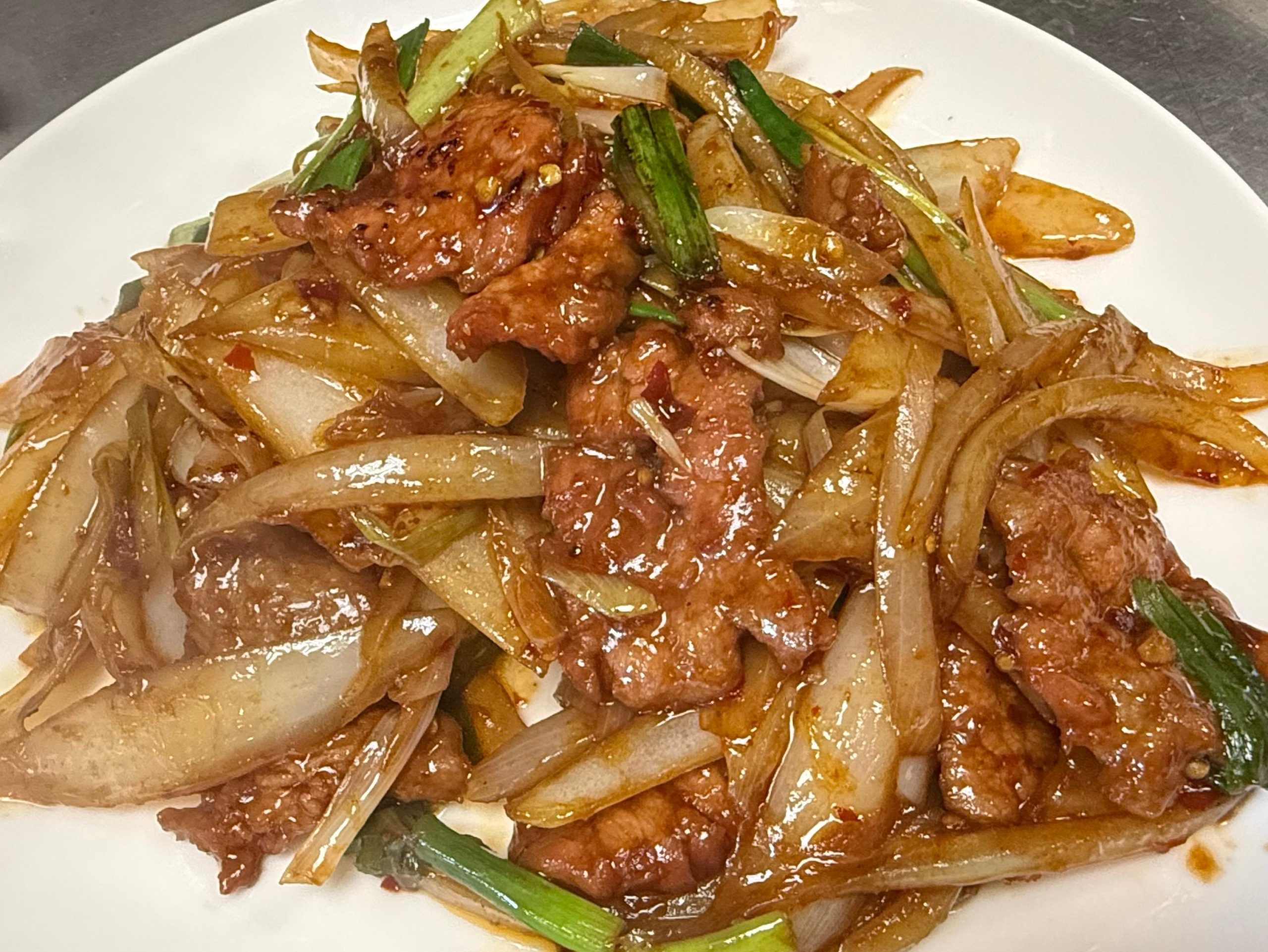 Mongolian beef with onions and scallions at Lucky Garden, a Chinese Restaurant in Pekin