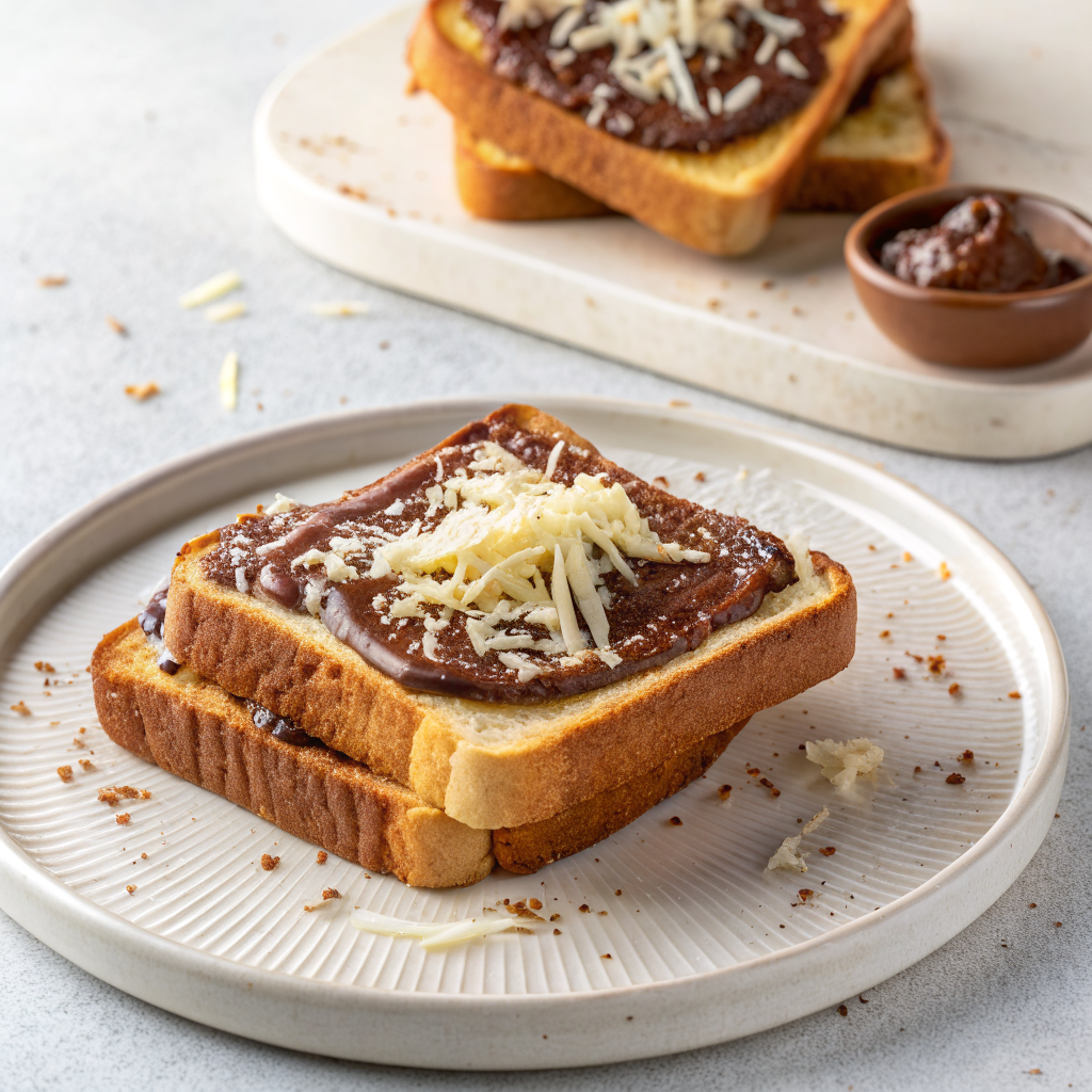 Luckyou-Cozy-Cafe-Asian-Fusion-Café-Chocolate & Cheese-Toast-Philadelphia Toast with chocolate sauce, sprinkled with shredded cheese, a simple and delicious combination at Luckyou Cozy Cafe,a Asian Fusion Café in Philadelphia