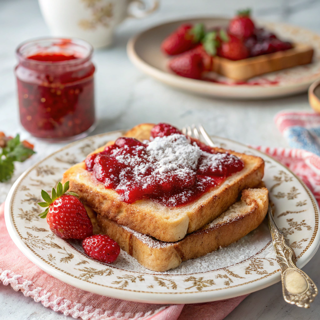 Luckyou-Cozy-Cafe-Asian-Fusion-Café-Strawberry-Jam-Toast-Philadelphia Two slices of bread with strawberry jam, dusted with powdered sugar, accompanied by strawberries and a jam jar at Luckyou Cozy Cafe,a Asian Fusion Café in Philadelphia