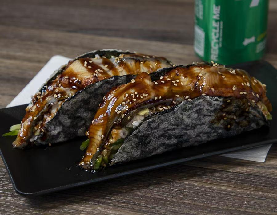 Taco with grilled eel, teriyaki sauce, sesame seeds at Lucky Tacoshi, a Japanese Restaurant in West Covina