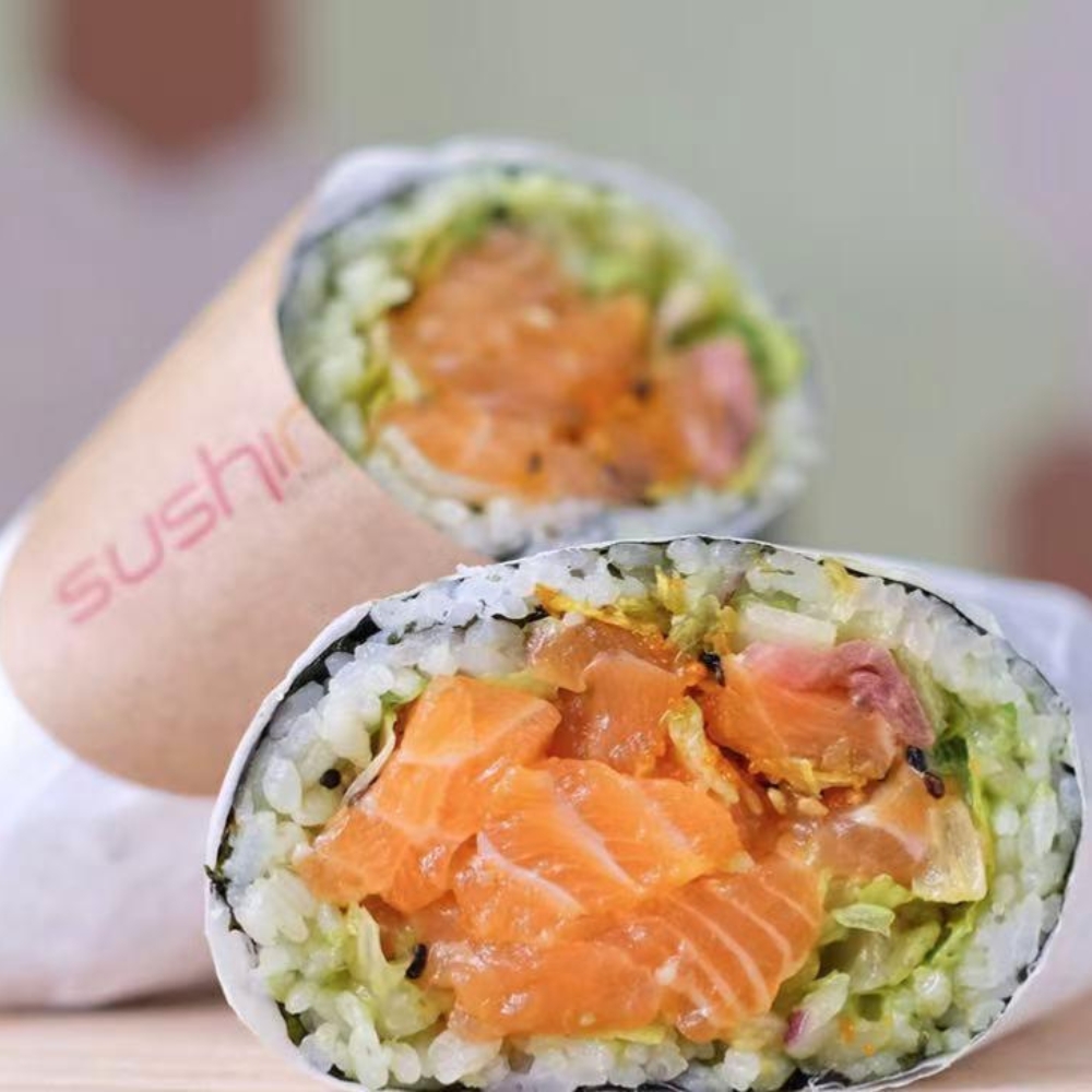Sushi burrito with salmon, rice, nori at Lucky Tacoshi, a Japanese Restaurant in West Covina
