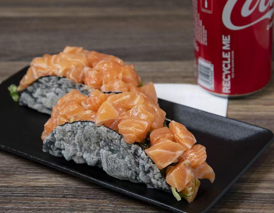 Taco with fresh salmon cubes at Lucky Tacoshi, a Japanese Restaurant in West Covina