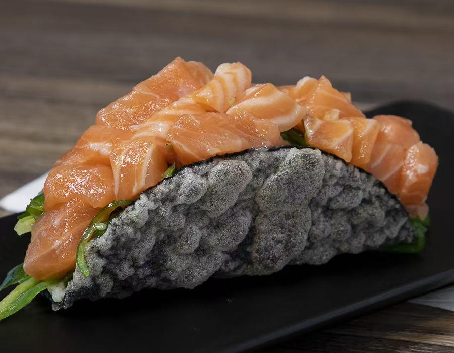 Taco with fresh salmon cubes at Lucky Tacoshi, a Japanese Restaurant in West Covina