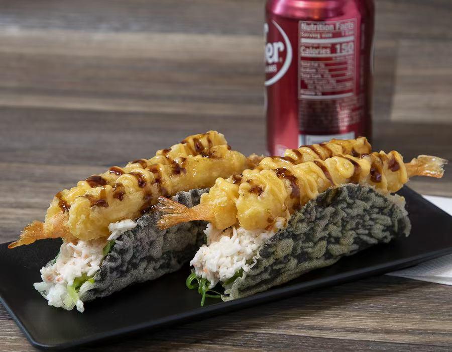 Taco with shrimp tempura, teriyaki sauce at Lucky Tacoshi, a Japanese Restaurant in West Covina