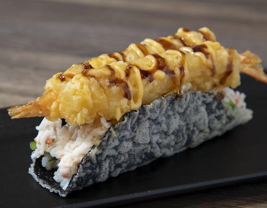 Taco with shrimp tempura, teriyaki sauce at Lucky Tacoshi, a Japanese Restaurant in West Covina