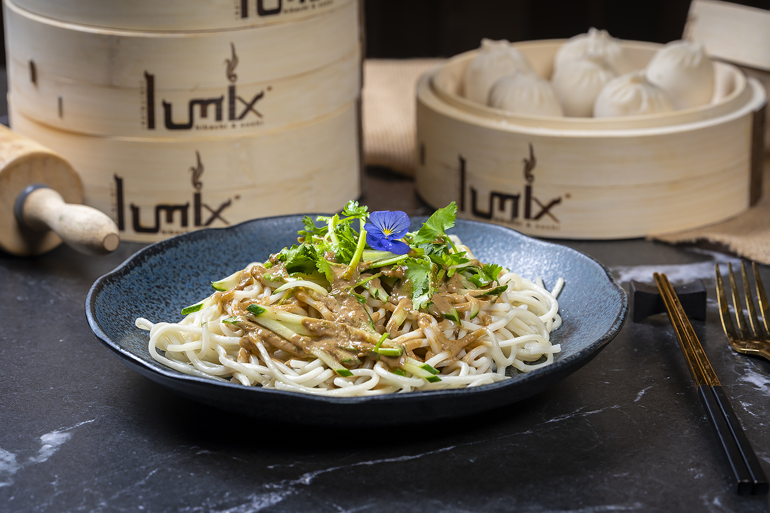 Cold noodles with sesame sauce and fresh herbs