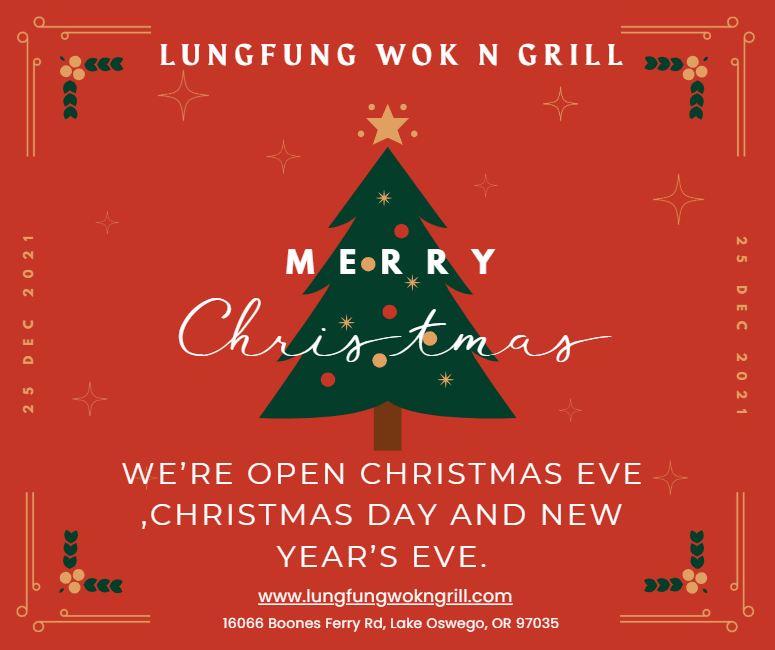  Lungfung Wok N Grill Christmas greeting card. Merry Christmas text with a decorated tree. Open on Christmas Eve, Christmas Day, and New Year's Eve.