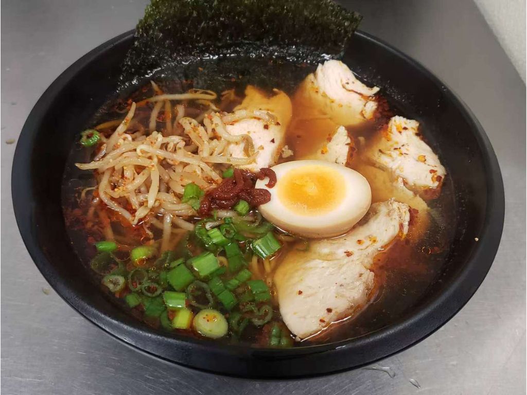 Luv-Ramen-&-BBQ-Japanese-restaurant-Spicy-Chicken-Ramen-Hawthorne Ramen soup with tender chicken, soft - boiled egg, bean sprouts, scallions at Luv Ramen & BBQ, a Japanese restaurant in Hawthorne