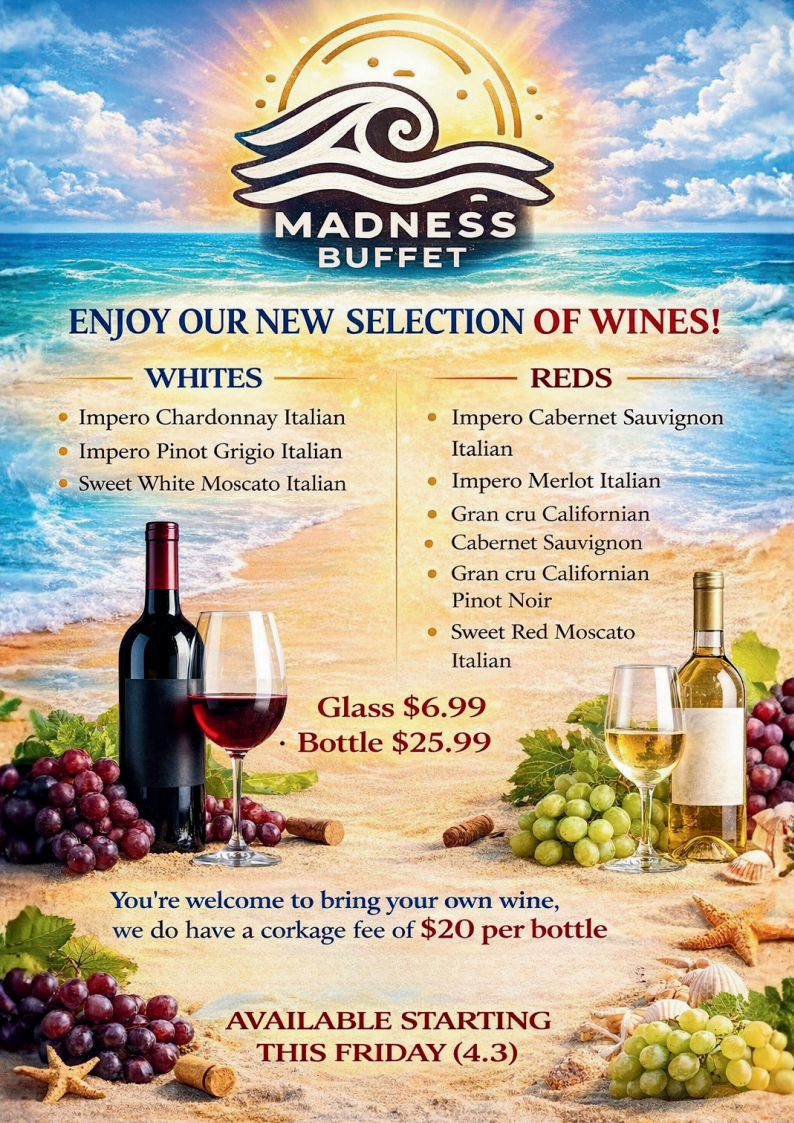 Restaurant WHITE and RED Wines menu, detailed description provided below