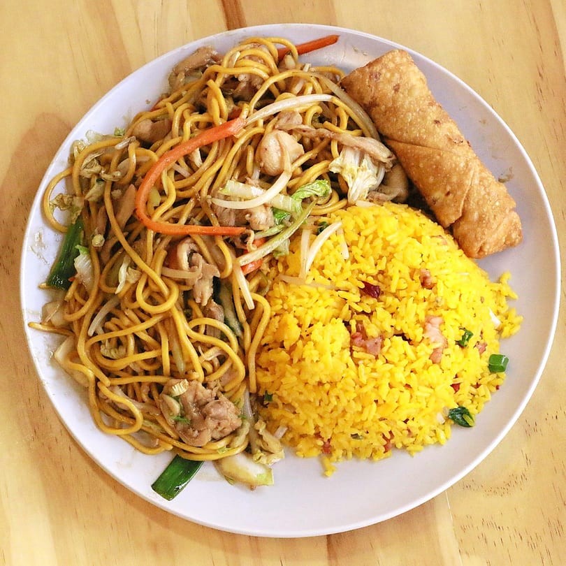 Chow mein, fried rice, and an egg roll combo at Main Garden, a Chinese Fusion Restaurant in Passaic