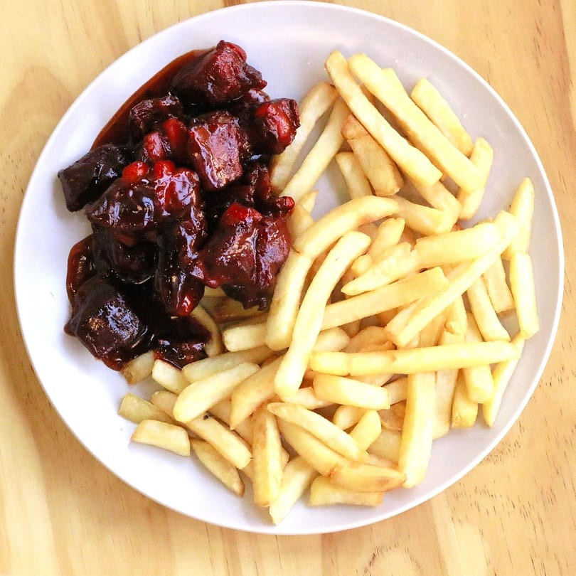 Sweet and sour spare ribs with French fries at Main Garden, a Chinese Fusion Restaurant in Passaic