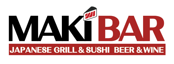Maki Bar logo, featuring bold black and red text with a small sushi icon above the 'i', and a red banner below reading "JAPANESE GRILL & SUSHI BEER & WINE"