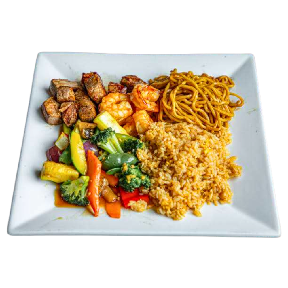 Mixed dish with meat, shrimp, veggies, rice, noodles at Mala Pot & Grill, a Asian Restaurant in Northampton