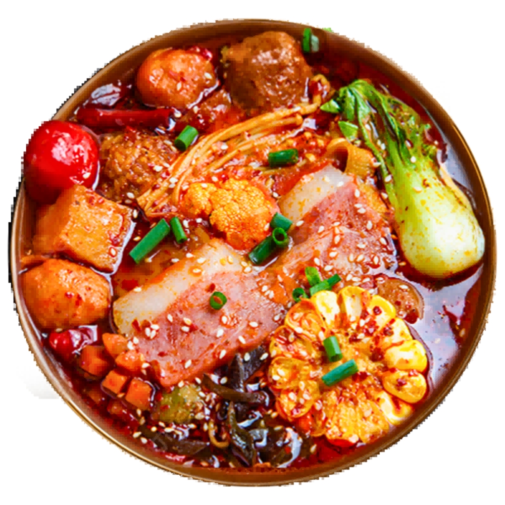 Spicy malatang base with diverse toppings at Mala Pot & Grill, a Asian Restaurant in Northampton