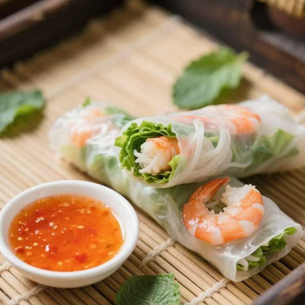 Mama-Hong’s-Pho-&-Bistro-Vietnamese-Restaurant-Spring-Rolls-Mustang Fresh spring rolls with shrimp and veggies, served with dipping sauce at Mama Hong's Pho & Bistro, a Vietnamese Restaurant in Mustang.