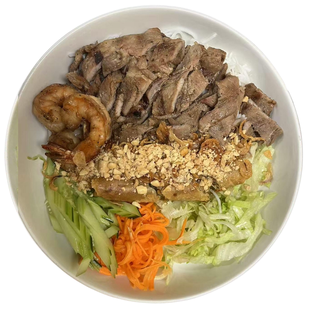 Mama-Hong’s-Pho-&-Bistro-Vietnamese-Restaurant-Vietnamese-Rice-Noodle-Bowl-Mustang A Vietnamese rice noodle bowl filled with grilled meat, shrimp, veggies, and crushed peanuts at Mama Hong's Pho & Bistro, a Vietnamese Restaurant in Mustang.